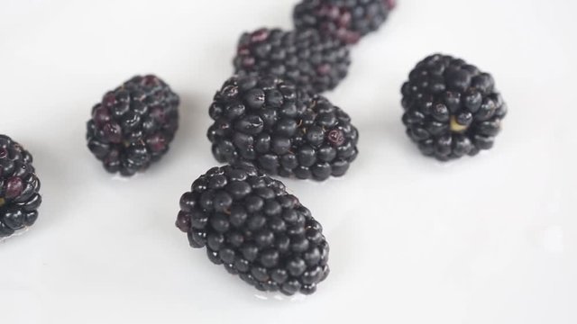 closeup of blackberries on a white rotating plate
