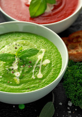 Variety of cream soup bowls: sweet pea and mint, tomato and basil