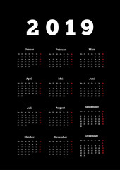 2019 year simple calendar on german language on dark background, a4 vertical sheet size