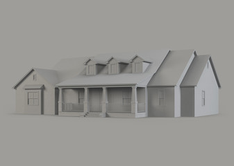 A model of a house with a garage. House on a gray background. 3D rendering.