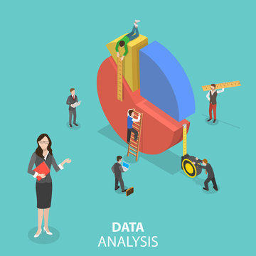 Flat isometric vector concept of business statistics and analytics, audit report, company performance analysis.