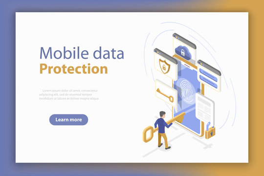 Isometric flat vector concept of personal mobile data protection, anti-virus internet security.