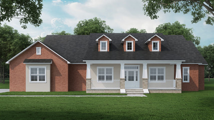 Obraz premium Przytulny murowany dom z dużym ogrodem i trawnikiem. Dom na zewnątrz. Słoneczny dzień. Renderowanie 3D.