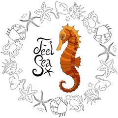 Vector Sea Horse with marine elements and inscription