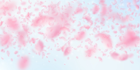 Fototapeta na wymiar Sakura petals falling down. Romantic pink flowers gradient. Flying petals on blue sky wide backgroun