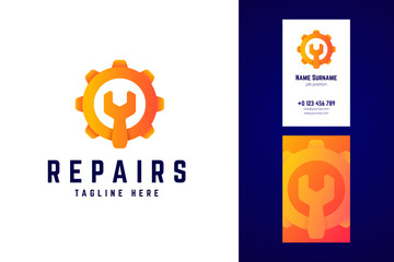 Repair logo and business card template. Gear sign with wrench.