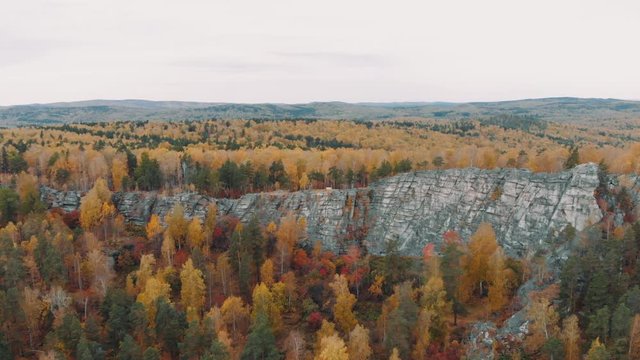 Flight over the rocks in a beautiful colorful autumn forest, among pines and lakes. drone shot