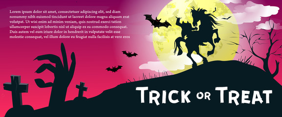 Trick or Treat lettering with headless horseman and moon. Invitation or advertising design. Typed text, calligraphy. For leaflets, brochures, invitations, posters or banners.