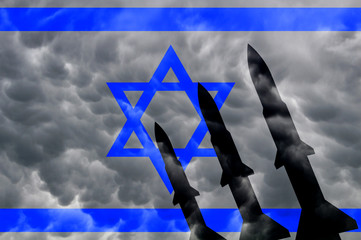 Israel flags and rocket in military conflict