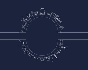 Circle with industry relative silhouettes. Objects located around the circle. Industrial design background. Field for text in the center.