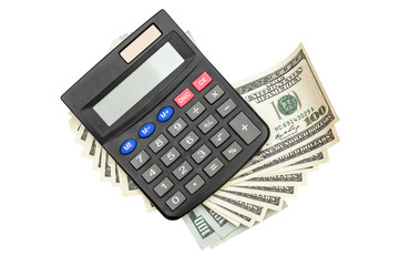 Calculator with dollar bills isolated on white. Top view.