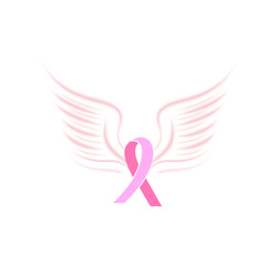 Pink satin ribbon with bird wings. National Breast Cancer Awareness Month concept.