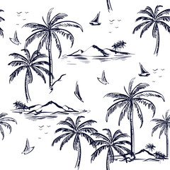 Mooi naadloos eilandpatroon op witte achtergrond. Landschap met palmbomen, strand en oceaan vector hand getekende stijl.