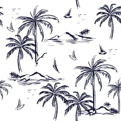 Fototapeten Schönes nahtloses Inselmuster auf weißem Hintergrund. Landschaft mit Palmen, Strand und Ozean Vektor handgezeichneten Stil. © MSNTY_STUDIOX