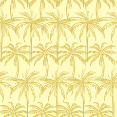 Beige outline palm trees on the cream color  background. Vector seamless pattern. Tropical illustration. Jungle foliage.
