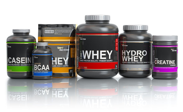 Sports  nutrition (supplements) for bodybuilding. Whey protein casein, bcaa, creatine isolated on white background.
