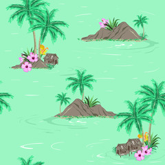 Beautiful seamless tropical island pattern on green ocean  background. Landscape with palm trees,beach and ocean vector hand drawn style.