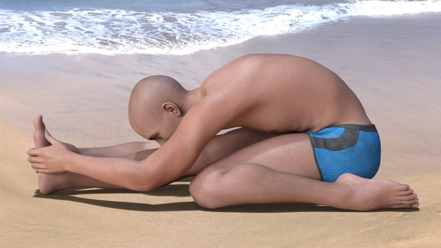 Bald man in blue briefs practising the triang mukhaikapada paschimottanasana yoga pose on a sandy beach. Horizontal 3d render.