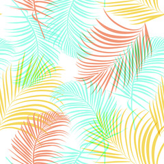 vector seamless beautiful artistic bright tropical leaves pattern with exotic forest. Colorful original stylish floral background print, bright rainbow colors on white.