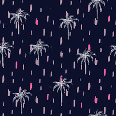 Beautiful seamless island with paint stroke pattern on navy blue background. Landscape with palm trees,beach and ocean vector hand drawn style.