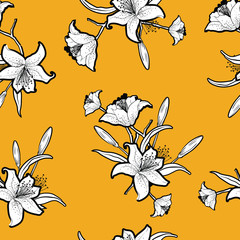 Trendy seamless outline monotone flowers with vivid yellow background