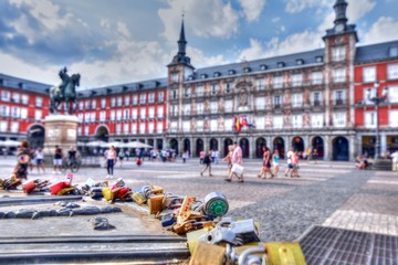 Plaza Mayor, Madrid, Spain. Love Padlocks. Couples write their names on padlocks to symbolize...