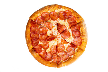 Top view of a full pepperoni pizza with mozzarella cheese isolated on white