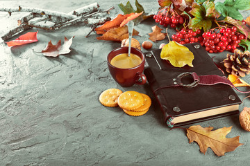 Hot coffee and book with yellow leaves branch viburnum
