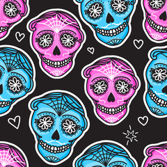 Calavera sign Dia de los muertos. Mexican Day of the dead. Seamless pattern. Vector hand darwing illustration woman and man sticker