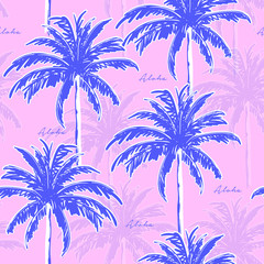 Blue Hand drawing  palm trees on the pink background. Vector seamless pattern. Tropical illustration. Jungle foliage.