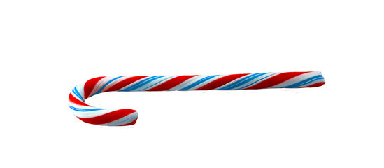 Christmas Candy cane with red and blue Bow isolated on white background.