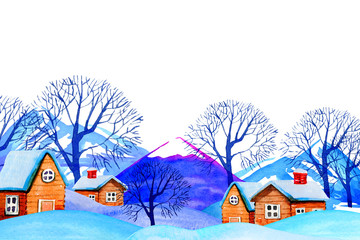 Obraz na płótnie Canvas Hand drawn watercolor illustration isolated on white background. Winter day country landscape with houses, mountains and trees