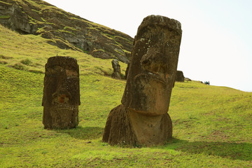 The giant Moai statues on Rano Raraku volcano, UNESCO world heritage site on Easter Island, Chile, South America