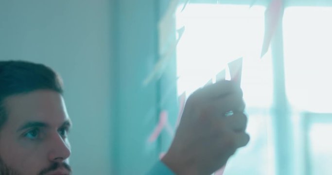 Caucasian male worker standing near glass wall with sticky notes, framework for managing work, scrum methodology. 4K UHD 60 FPS SLOW MOTION