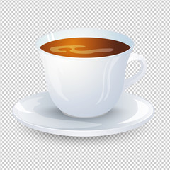 Classic black coffee in a white cup with a saucer isolated on a transparent background. Favorite morning drink. Vector illustration.