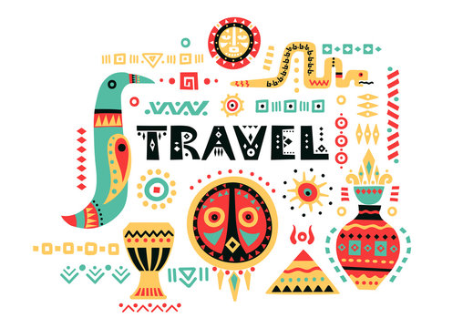 Vector tourist poster with hand-drawn african symbols and lettering "Travel".