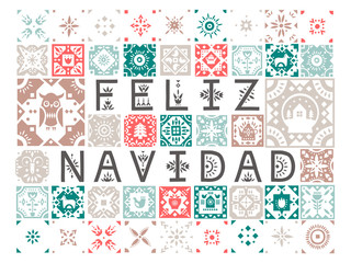 Vector greeting card with lettering Feliz Navidad (Merry Christmas, Spanish) with patterns.