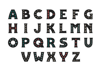 Vector uppercase bold serif alphabet. Black letters are decorated with geometric patterns.