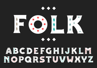 Vector uppercase bold serif alphabet. White letters are decorated with color geometric patterns on a black background.
