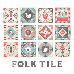 Set of original flat square tiles with folk rustic patterns. For Christmas design.