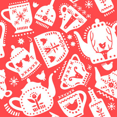 Christmas seamless pattern with white teapot silhouettes on a red background.