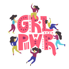 Small women with big letters "GRL PWR" (Girl Power). Feminist conceptual illustration in a hand-drawn flat style.