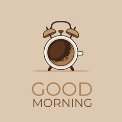Coffee concept. Coffee and alarm clock poster. Flat style, vector illustration.