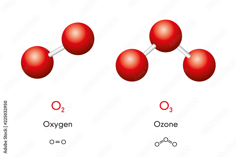 Wall mural oxygen o2 and ozone o3 molecule models and chemical formulas. dioxygen and trioxygen. gas. ball-and-