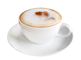 Hot coffee cappuccino in ceramic cup isolated on white background, clipping path included - obrazy, fototapety, plakaty