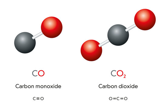 Carbon monoxide CO and carbon dioxide CO2 molecule models and chemical formulas. Gas. Ball-and-stick models, geometric structures and structural formulas. Illustration on white background. Vector.