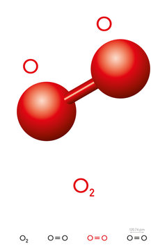 Oxygen, O2, molecule model and chemical formula. Also dioxygen, diatomic or molecular oxygen. Ball-and-stick model, geometric structure and structural formula. Illustration on white background. Vector