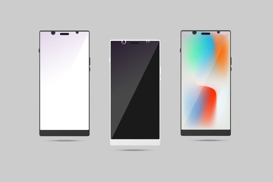 Front view of three smartphones. White and black device with blank screen.Vector mock up.