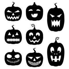 Obraz premium Set of vector Halloween pumpkins silhouette with various expressions isolated on white background