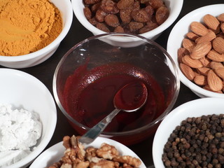 Turmeric,Limestone,Chuna,Almonds, Badam,Kali Mirch, Black Pepper,Kismish,Raisns,Haldi,Red Paste for Knee pain, Medicine for Knee Pain,Honey, Honey in Glass Jar, Wooden Background